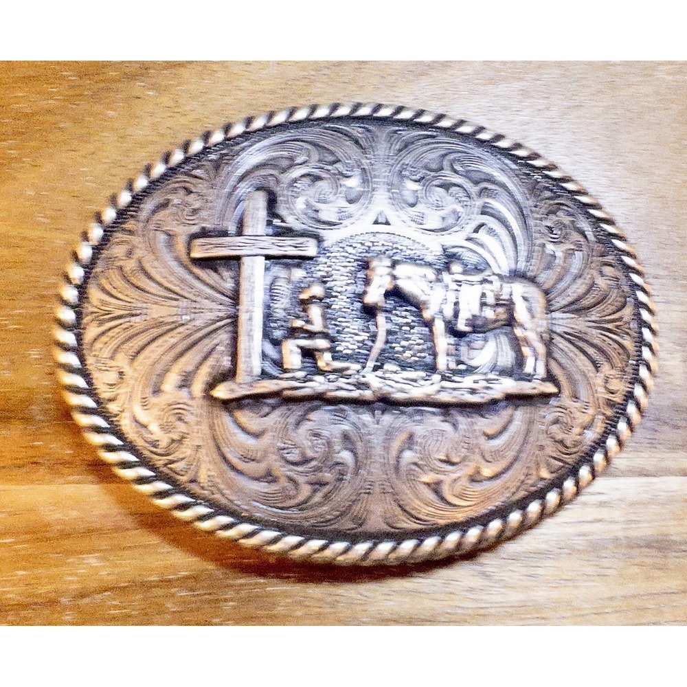 Western Silver Tone Cowboys Of Faith‎ Belt Buckle 3.5" X 3" Fits 1.75" Belt